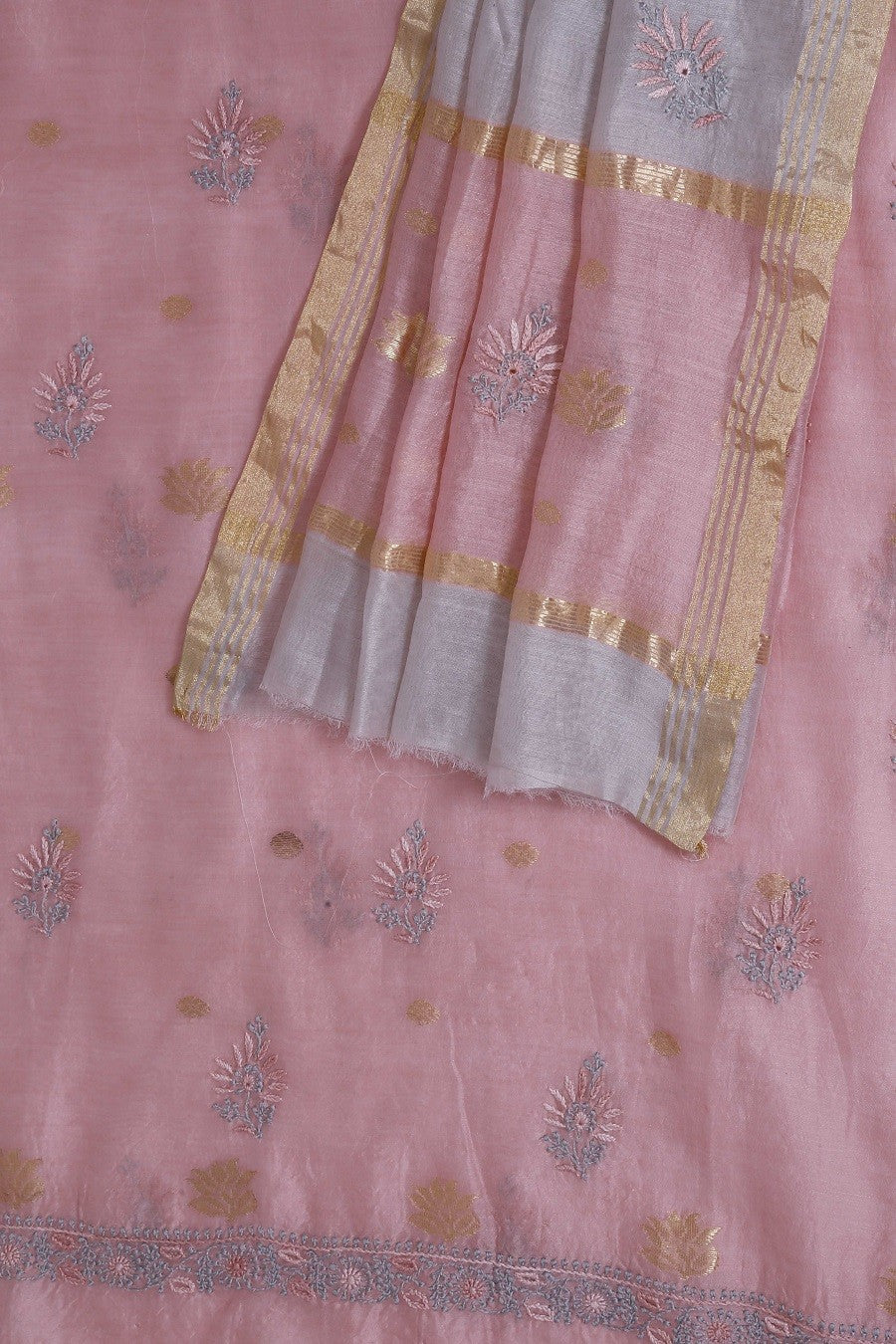 Ada Hand Embroidered Lavender Chanderi Lucknowi Chikan Unstitched Kurta Dupatta Set A622154