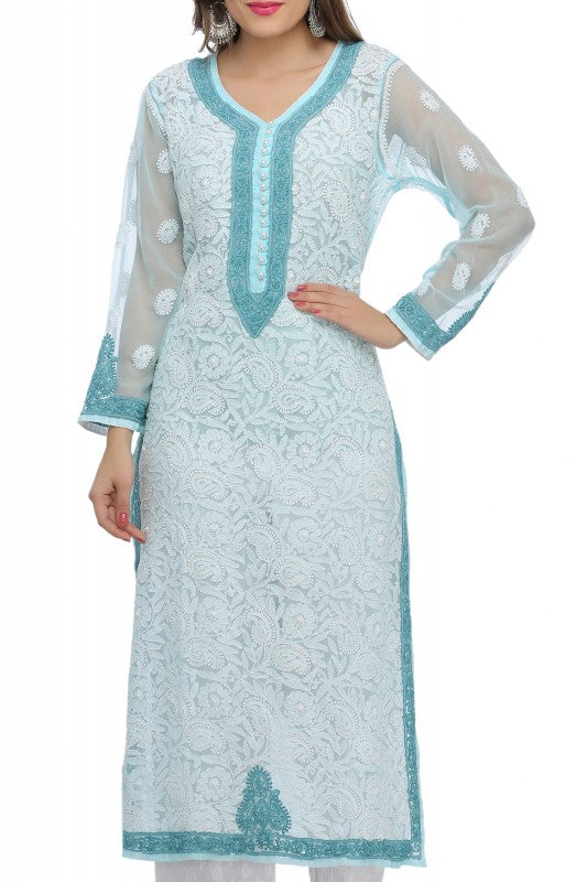 Ada Hand Embroidered Blue Faux Georgette Lucknowi Chikankari Straight Kurta with Slip-A244153