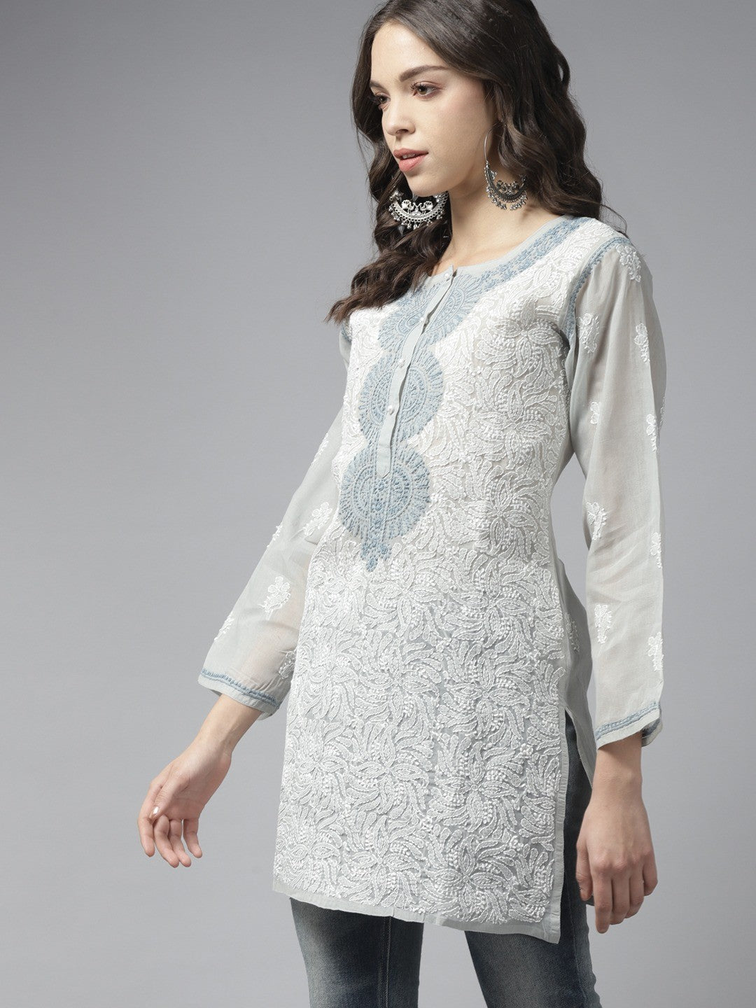 Ada Hand Embroidered Grey Cotton Lucknowi Chikankari Short Kurti -A273681