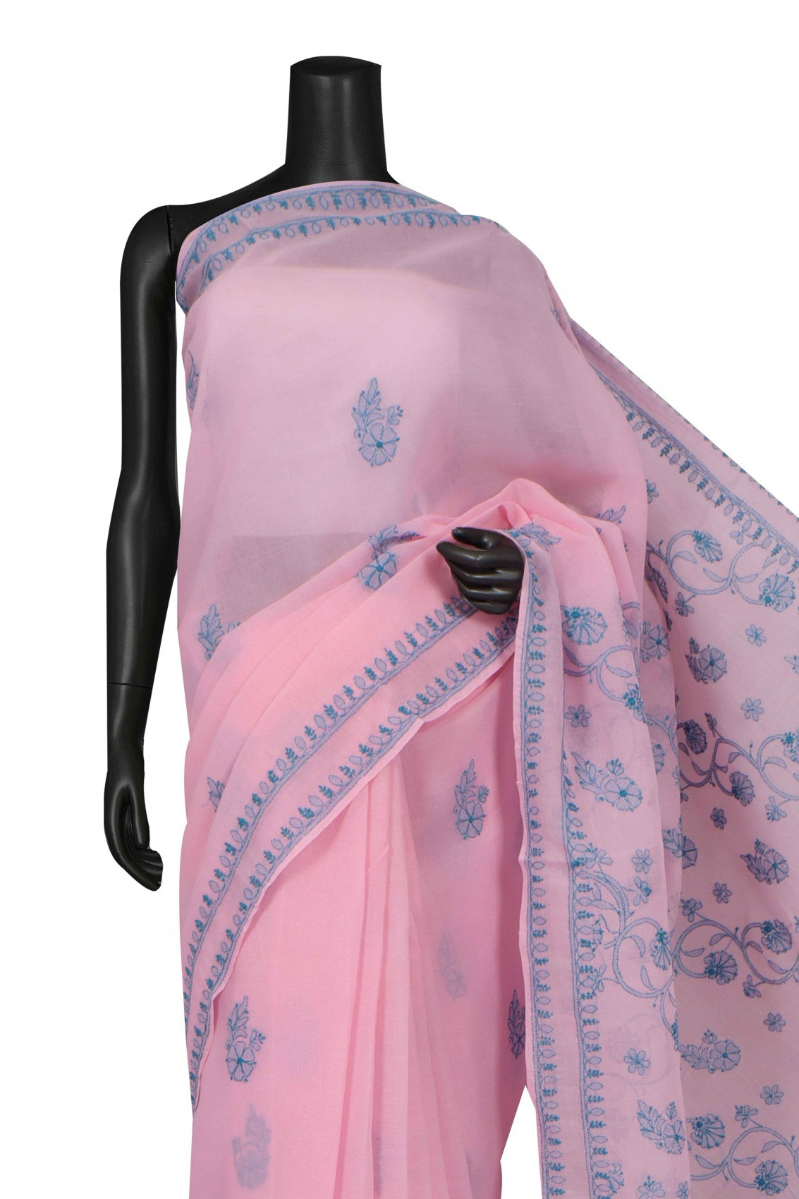 Ada Hand Embroidered Pink Cotton Lucknowi Chikankari Saree with Blouse A173137