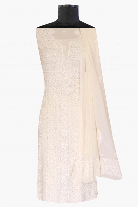 Ada Hand Embroidered White Pure Georgette Lucknowi Chikan Unstitched Kurta Dupatta Set - A590589