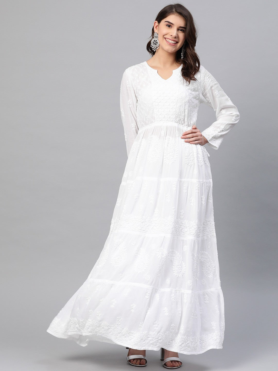Ada Hand Embroidered White Muslin Lucknow Chikankari Anarkali Kurta-A411153