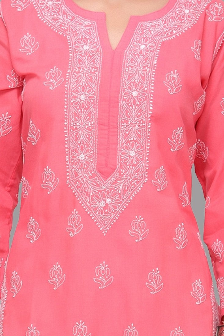 Ada Hand Embroidered Carrot Pink Cotton Lucknow Chikan Kurti A220764