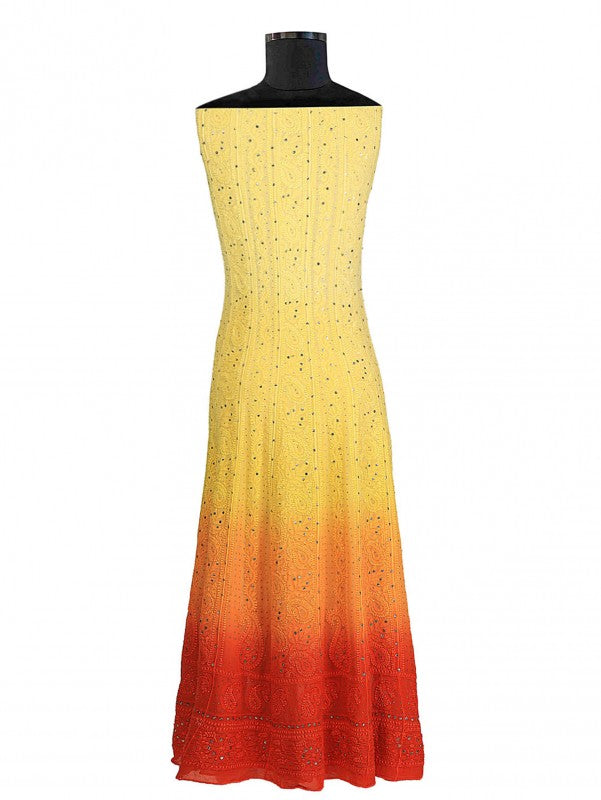 Ada Hand Embroidered Yellow & Orange Shaded Georgette Lucknowi Chikankari Semi-stitched Anarkali Kurta Dupatta Set With Muqaish Work- A608779