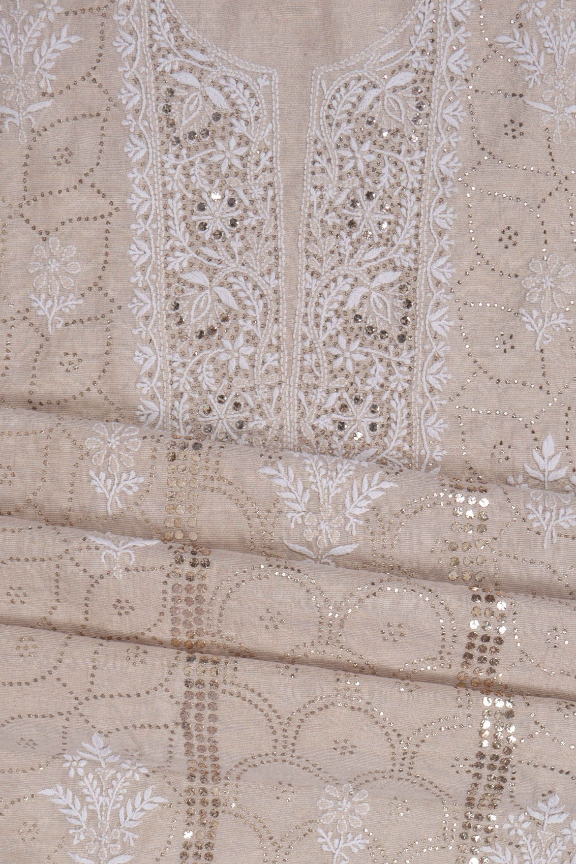 Ada Hand Embroidered Natural Fawn Tissue Lucknowi Chikankari Unstitched Kurta Dupatta Set With Muqaish Work 01A169987