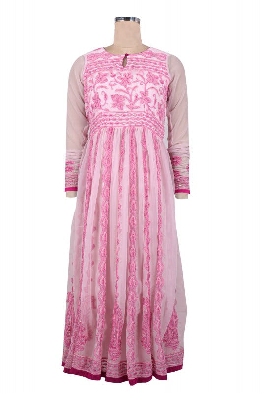 Ada Hand Embroidered Pink Georgette Lucknowi Chikan Stitched Anarkali Kurta with Pearl Work A40049