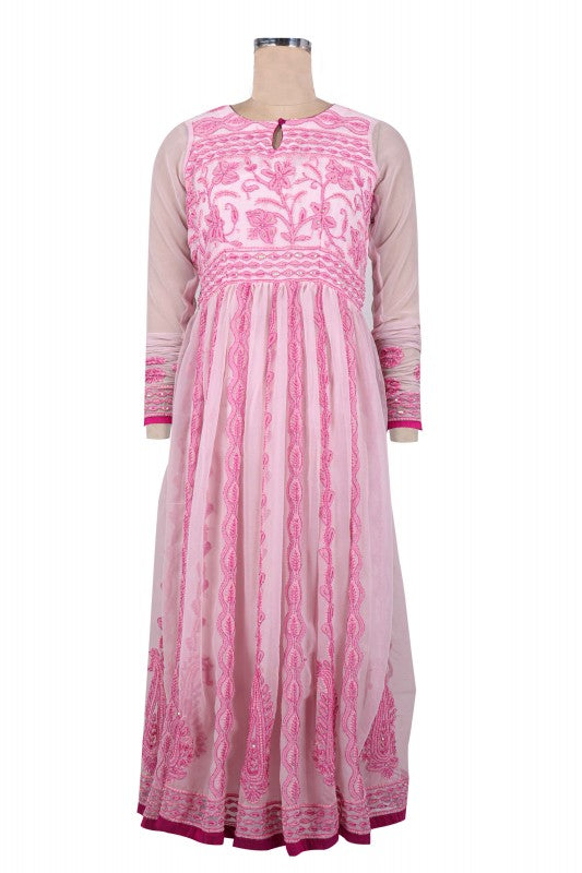 Ada Hand Embroidered Pink Georgette Lucknowi Chikan Stitched Anarkali Kurta with Pearl Work A40049