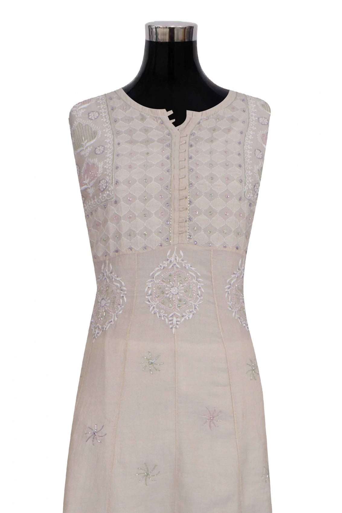 Ada Hand Embroidered Natural Fawn Tissue Lucknowi Chikankari Semi-Stitched Anarkali Kurta Dupatta Set With Cutdana Work 01A187880