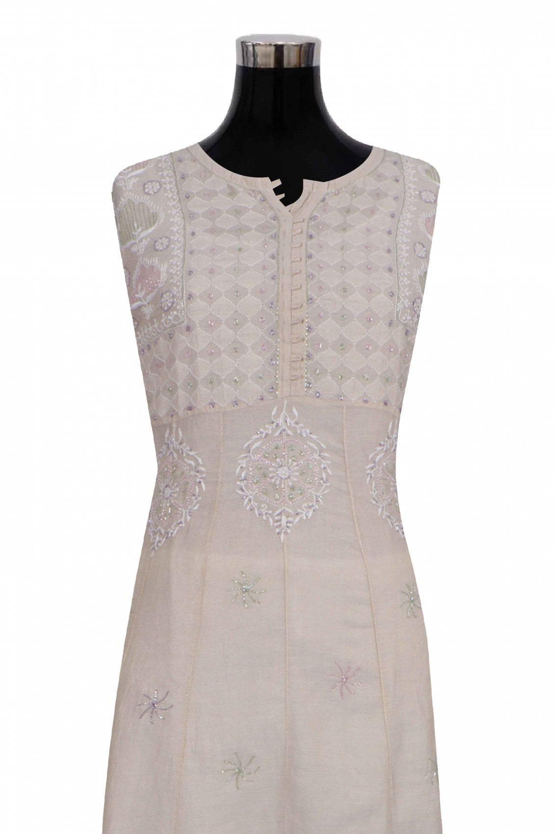 Ada Hand Embroidered Natural Fawn Tissue Lucknowi Chikankari Semi-Stitched Anarkali Kurta Dupatta Set With Cutdana Work 01A187880