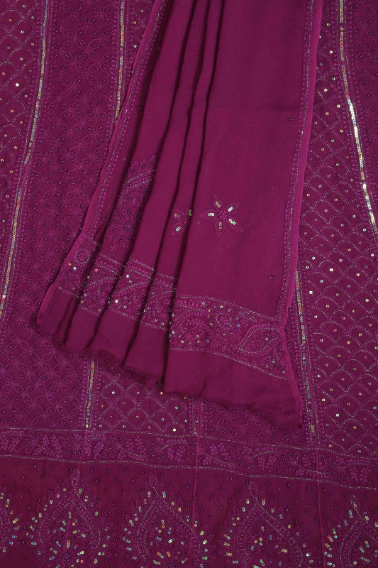 Ada Hand Embroidered Plum Purple Georgette Chikan Semi-stitched Anarkali Kurta Dupatta with Pearl/Sequinned Work A594305