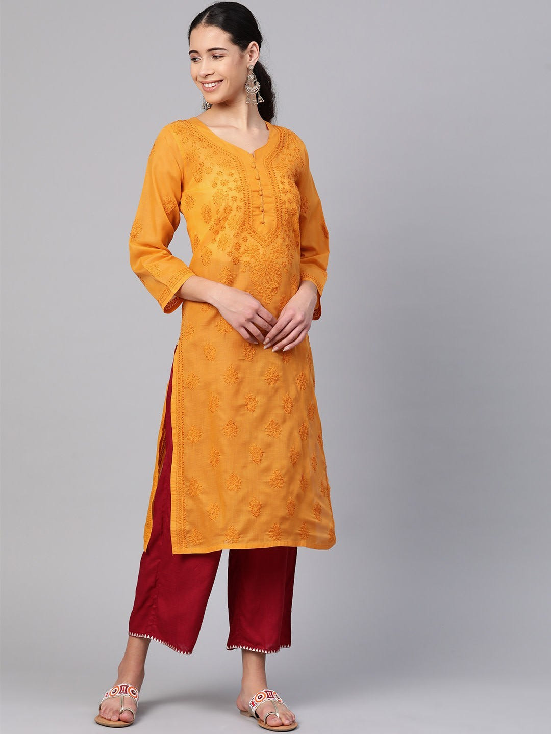 Ada Hand Embroidered Mustard Cotton Lucknowi Chikankari Straight Kurta A100366