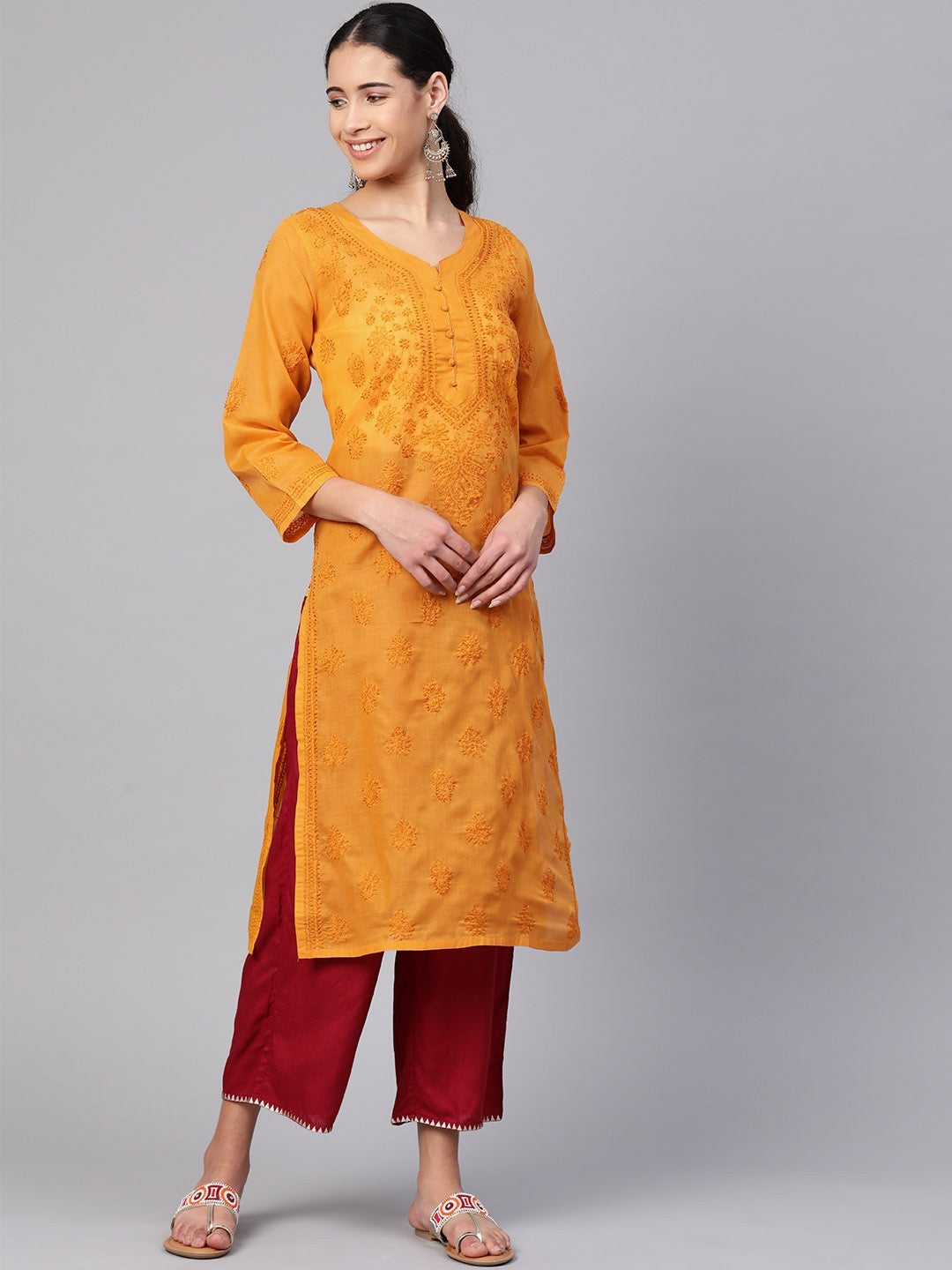 Ada Hand Embroidered Mustard Cotton Lucknowi Chikankari Straight Kurta A100366