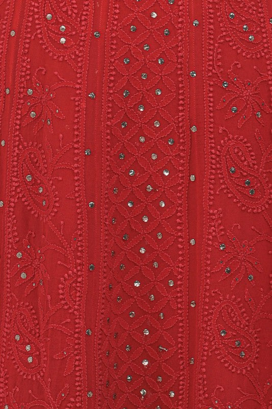 Ada Hand Embroidered Red Pure Georgette Lucknowi Chikankari Semi-stitched Anarkali Kurta Dupatta Set With Muqaish Work- A578342