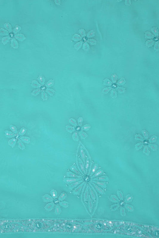 Ada Hand Embroidered Turquoise Blue Georgette Lucknowi Chikan Unstitched Kurta Dupatta Set with Sequinned Work A611683