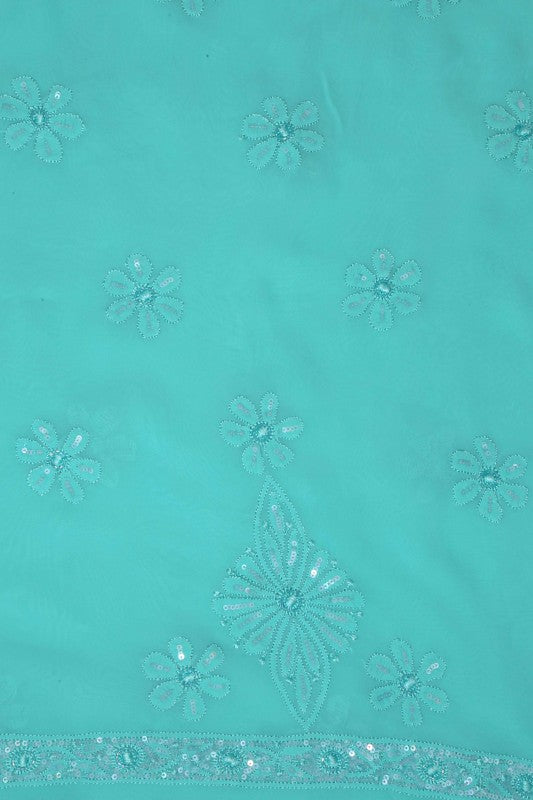Ada Hand Embroidered Turquoise Blue Georgette Lucknowi Chikan Unstitched Kurta Dupatta Set with Sequinned Work A611683