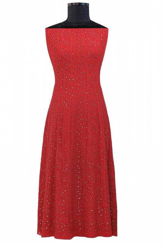Ada Hand Embroidered Red Pure Georgette Lucknowi Chikankari Semi-stitched Anarkali Kurta Dupatta Set With Muqaish Work- A578342