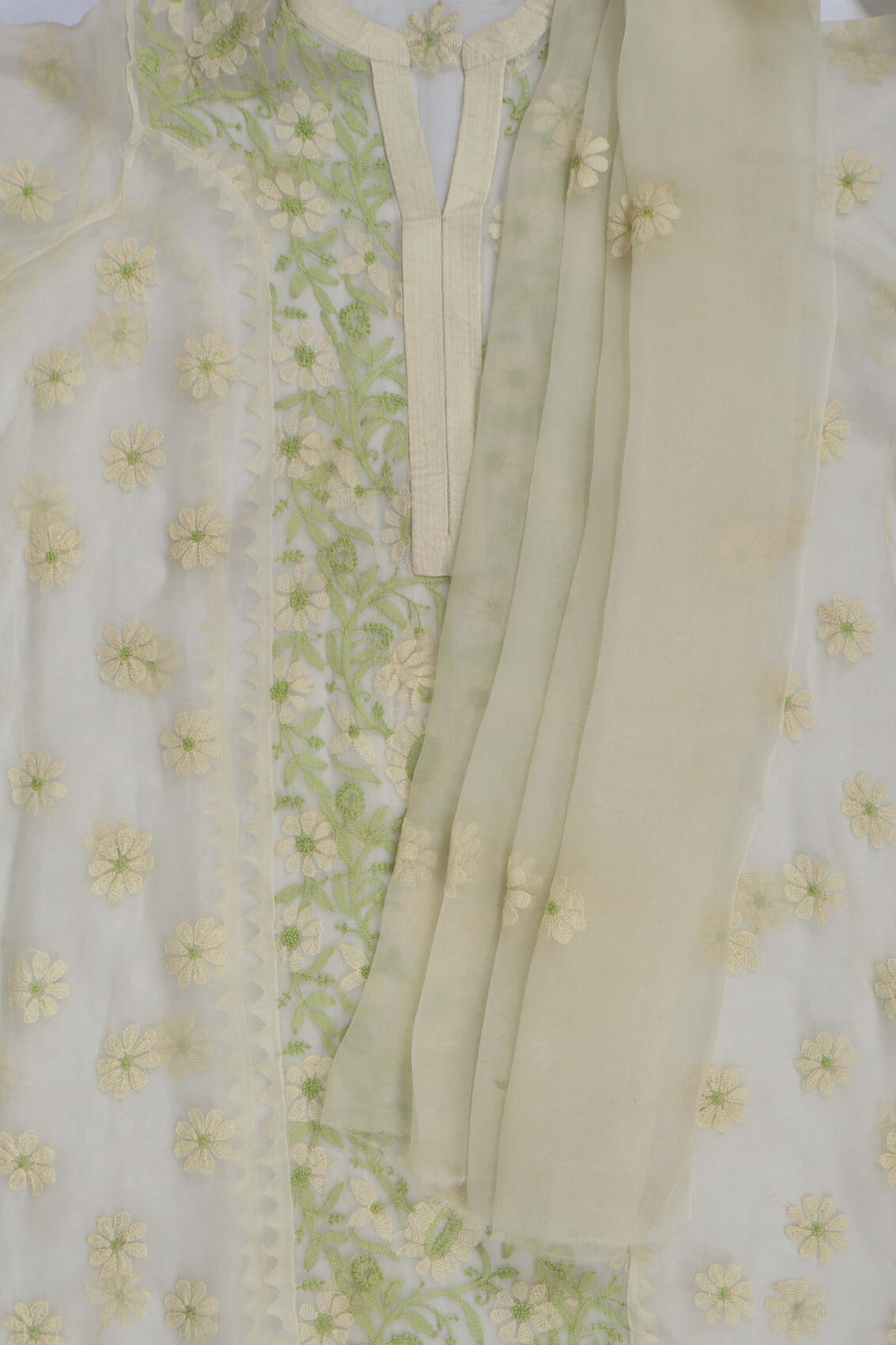 Ada Hand Embroidered Light Yellow Organza Lucknowi Chikankari Semi-stitched Kurta Dupatta Set A588002