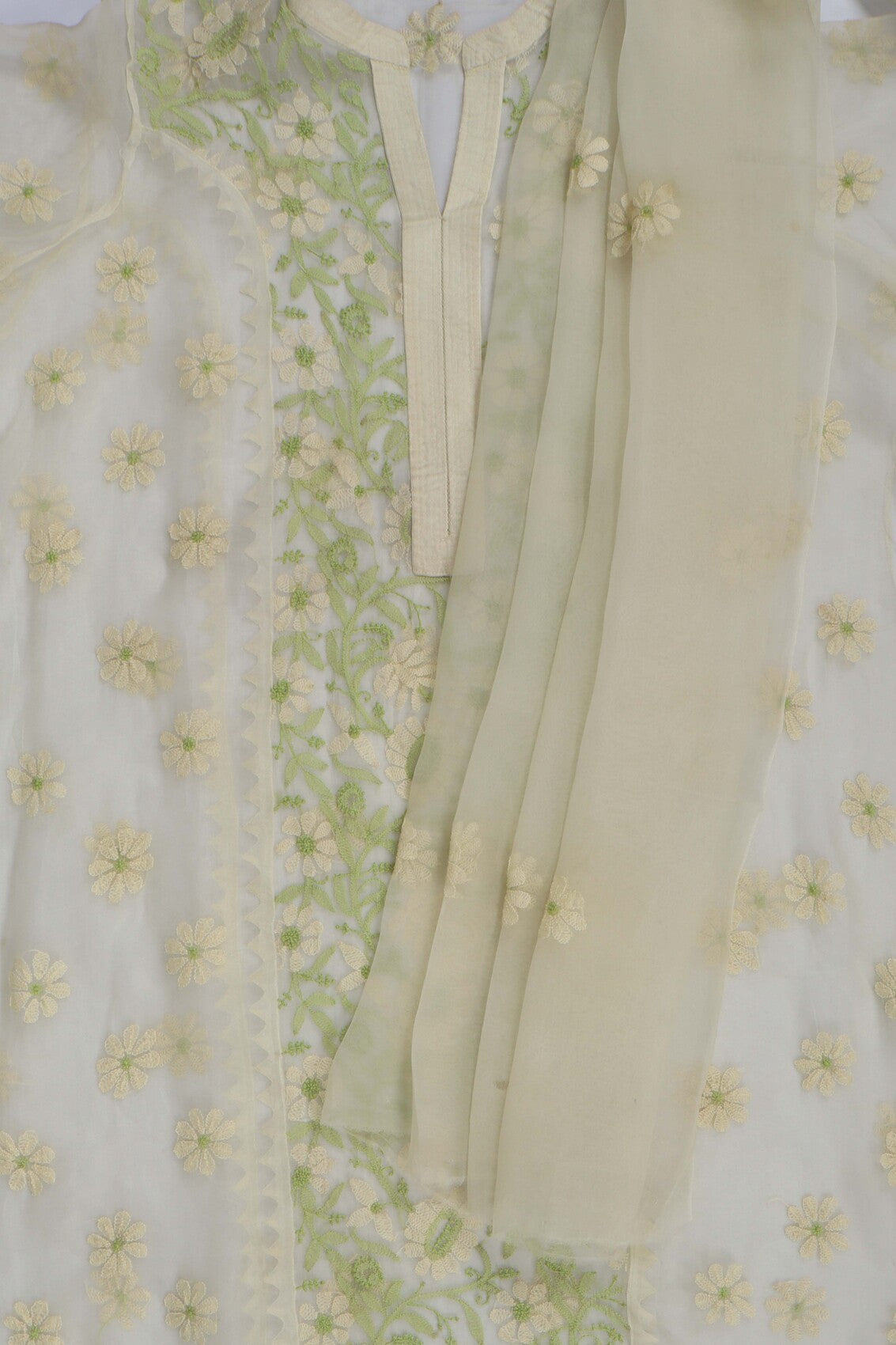 Ada Hand Embroidered Light Yellow Organza Lucknowi Chikankari Semi-stitched Kurta Dupatta Set A588002