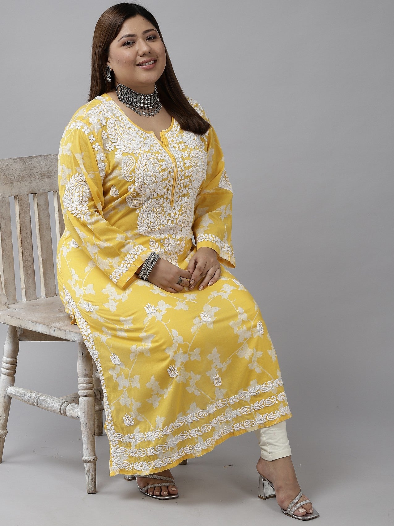 Ada Hand Embroidered Yellow Cotton Lucknowi Chikan Kurta A411268