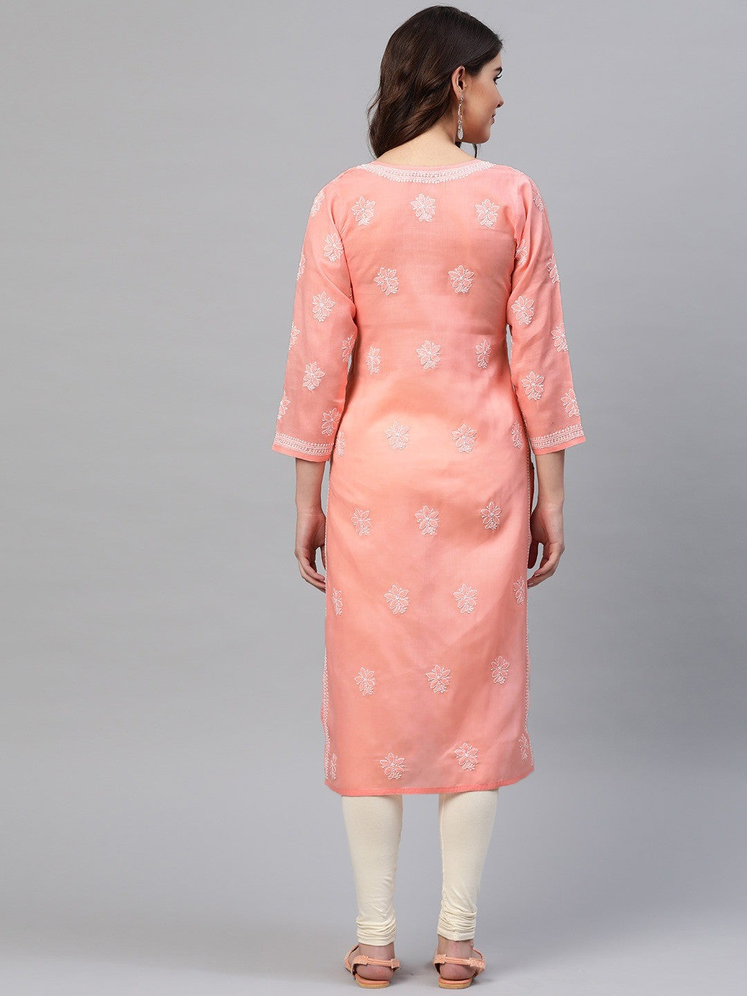 Ada Hand Embroidered Peach Cotton Lucknow Chikankari Straight Kurta A411165