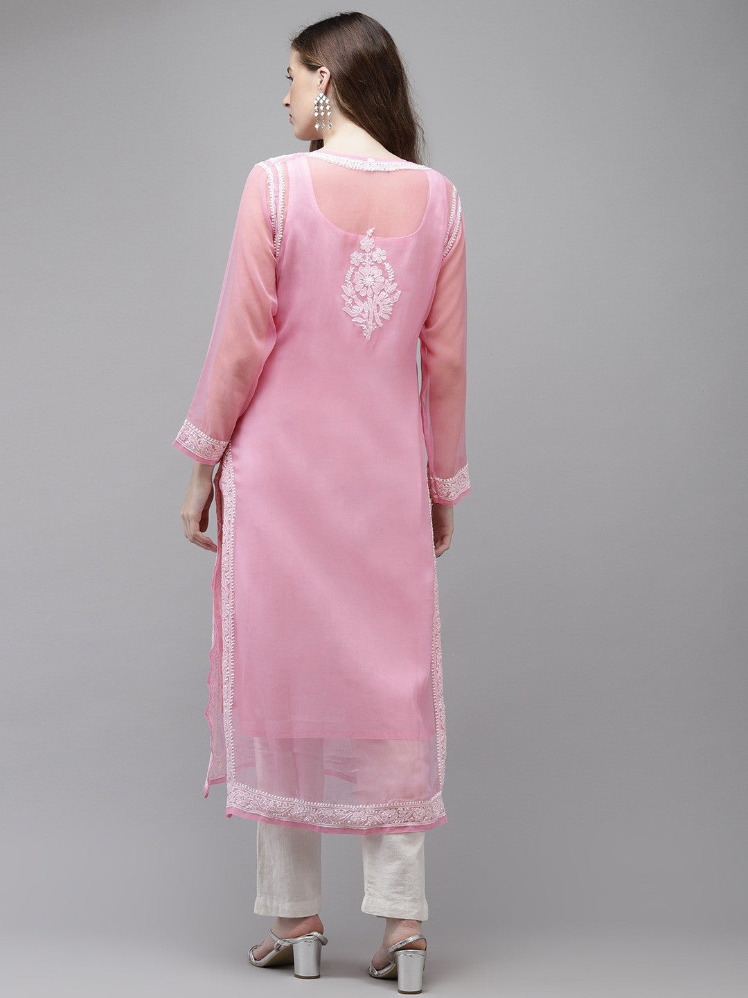 Ada Hand Embroidered Pink Georgette Lucknow Chikan Kurta with Slip A411361