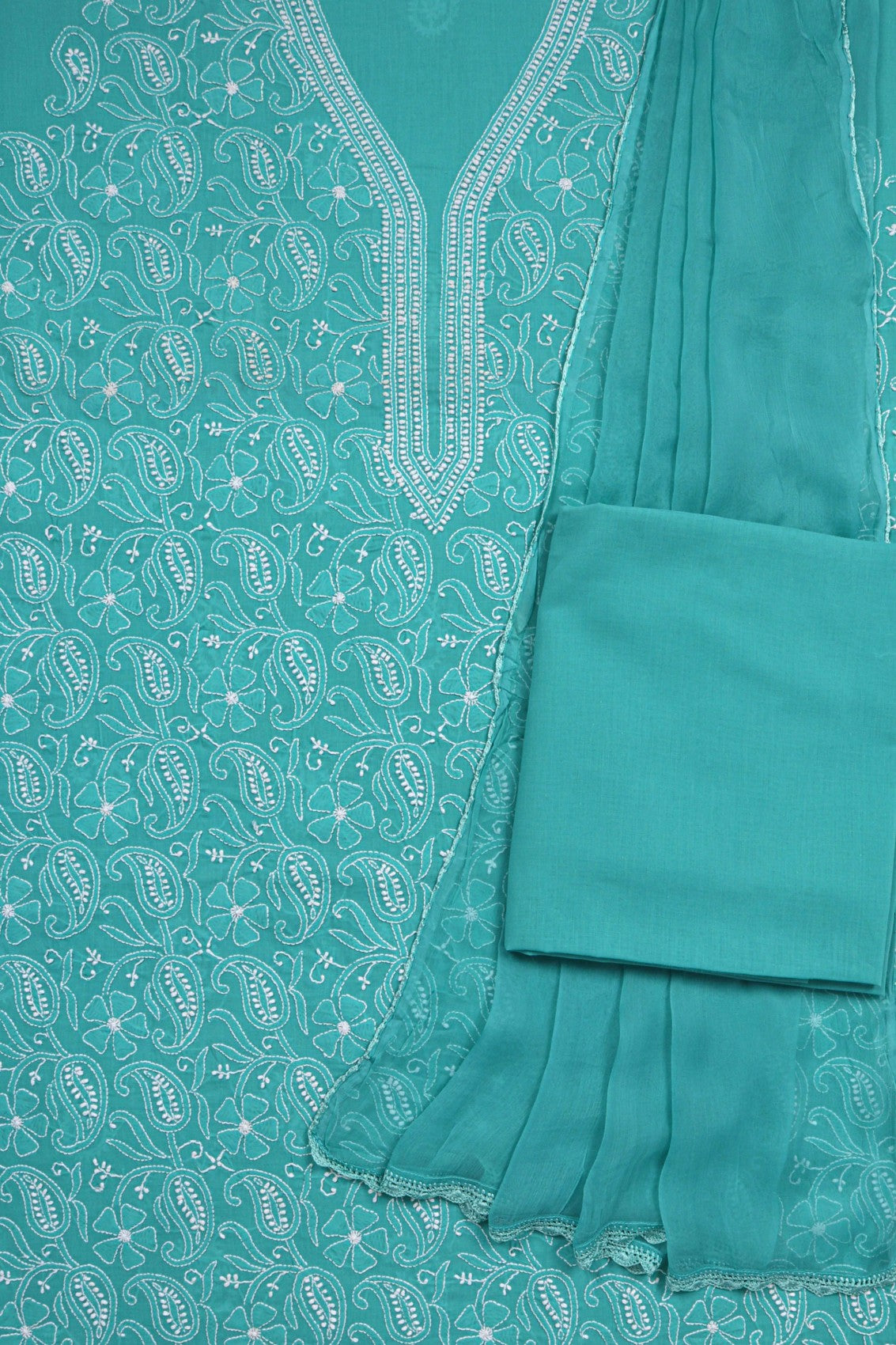 Ada Hand Embroidered Green Cotton Lucknowi Chikankari Unstitched Suit Piece A50605