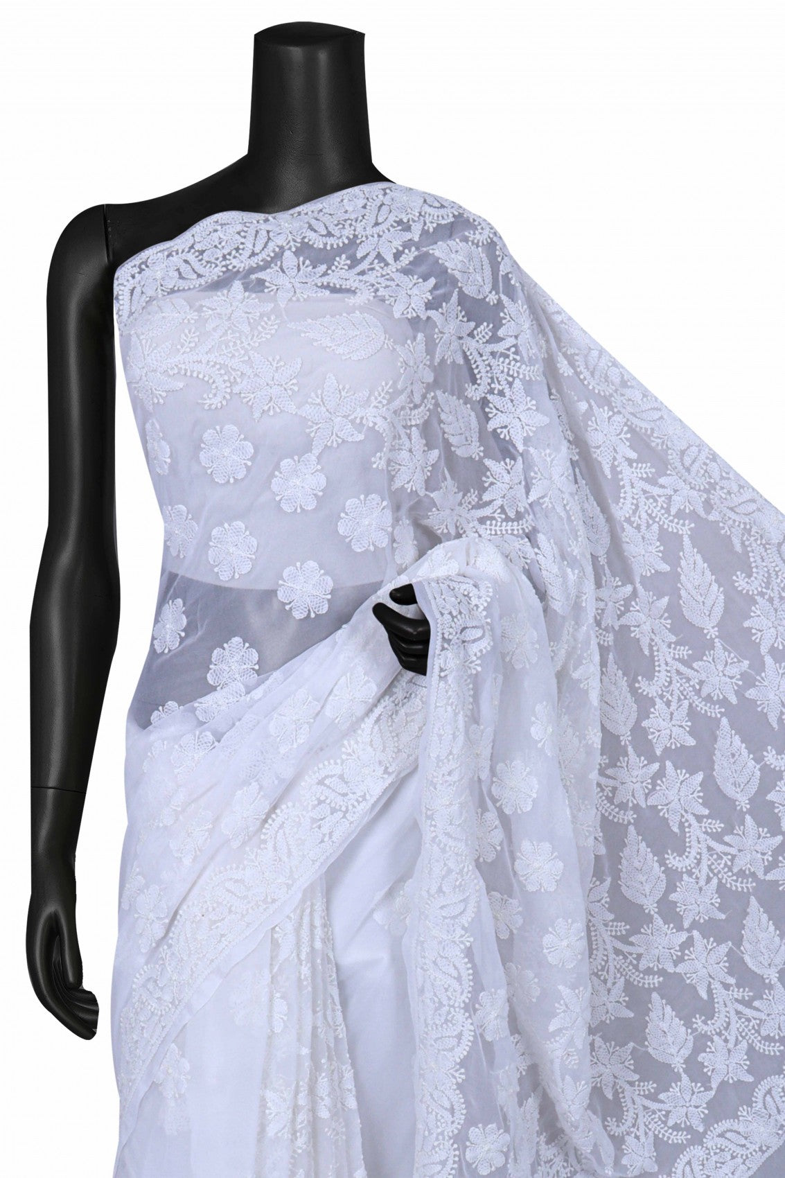 Ada Hand Embroidered White Georgette Lucknowi Chikankari Saree With Blouse A621568