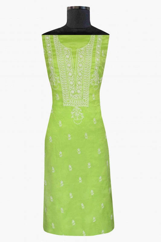 Ada Hand Embroidered Electric Lime Green Organza Chikan Unstitched Kurta Piece-A581354