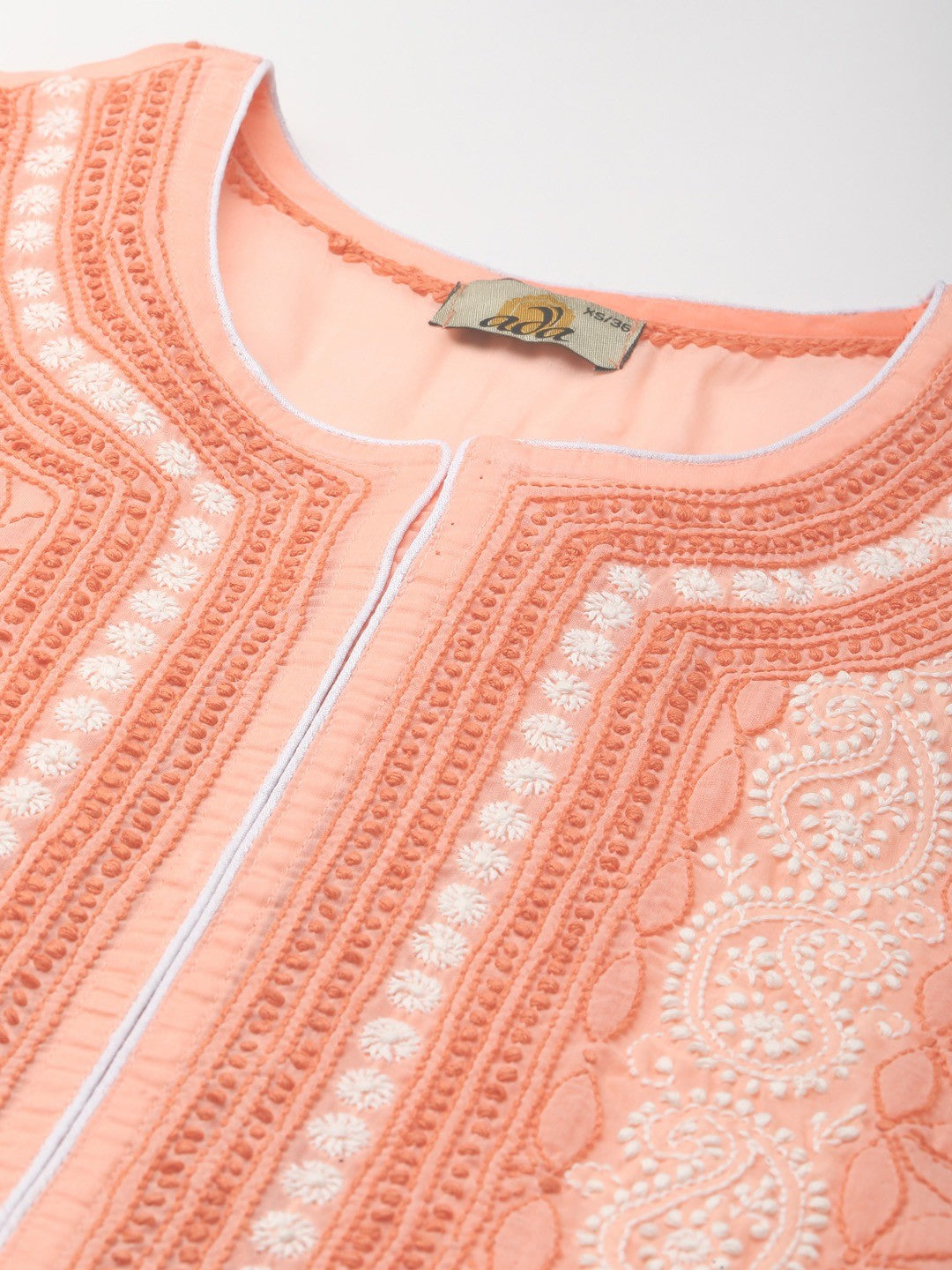 Ada Hand Embroidered Peach Cotton Lucknowi ChikanKari Kurta A411257