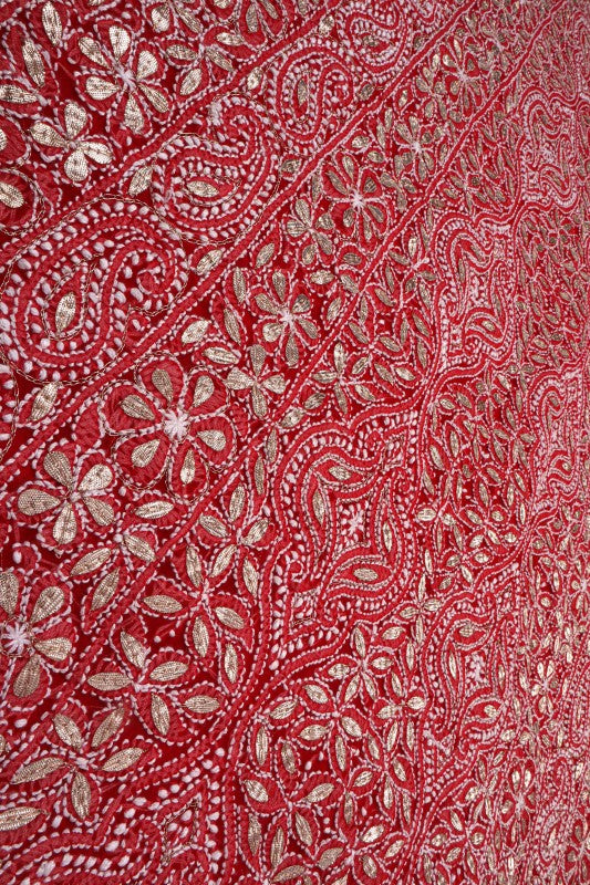 Ada Hand Embroidered Red Georgette Lucknowi Chikan Unstitched Suit Piece with Gota Patti Work A340194