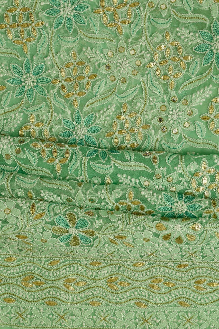 Ada Hand Embroidered Green Georgette Chikan Unstitched Kurta Dupatta Set with Gota Patti Work A406292