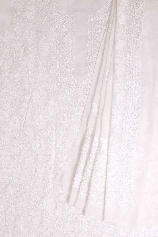 Ada Hand Embroidered White Pure Georgette Lucknowi Chikan Unstitched Kurta Dupatta Set A94855