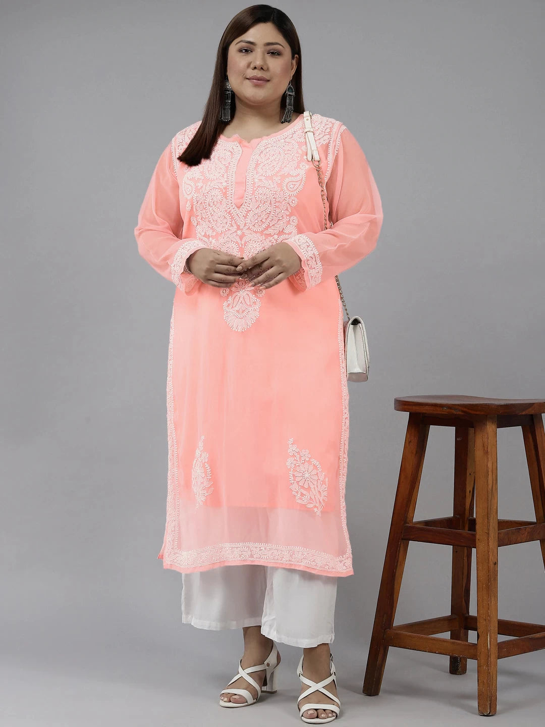 Ada Hand Embroidered Peach Georgette Lucknow Chikan Straight Kurta with Slip A411360
