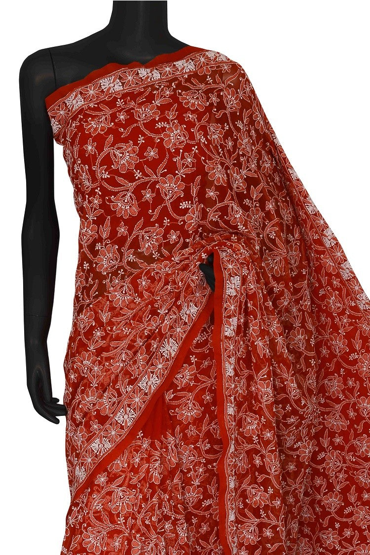 Ada Hand Embroidered Red Georgette Lucknowi Chikankari Saree with Blouse A599654