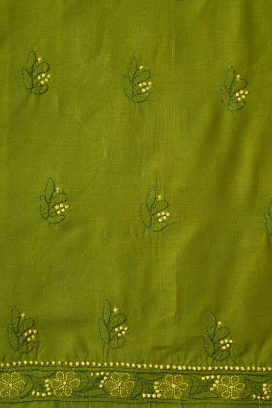 Ada Hand Embroidered Crocodile Green Cotton Lucknowi Chikan Unstitched Suit Piece A100308