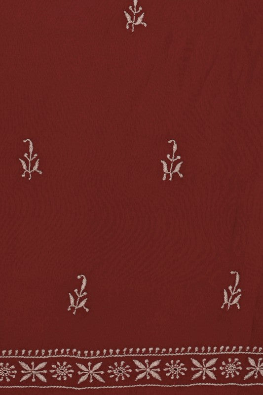 Ada Hand Embroidered Maroon Pure Georgette Lucknowi Chikan Unstitched Kurta Dupatta- A602113