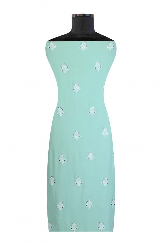 Ada Hand Embroidered Sea Green Pure Georgette Lucknowi Chikan Unstitched Kurta Dupatta With Muqaish Work–A594269