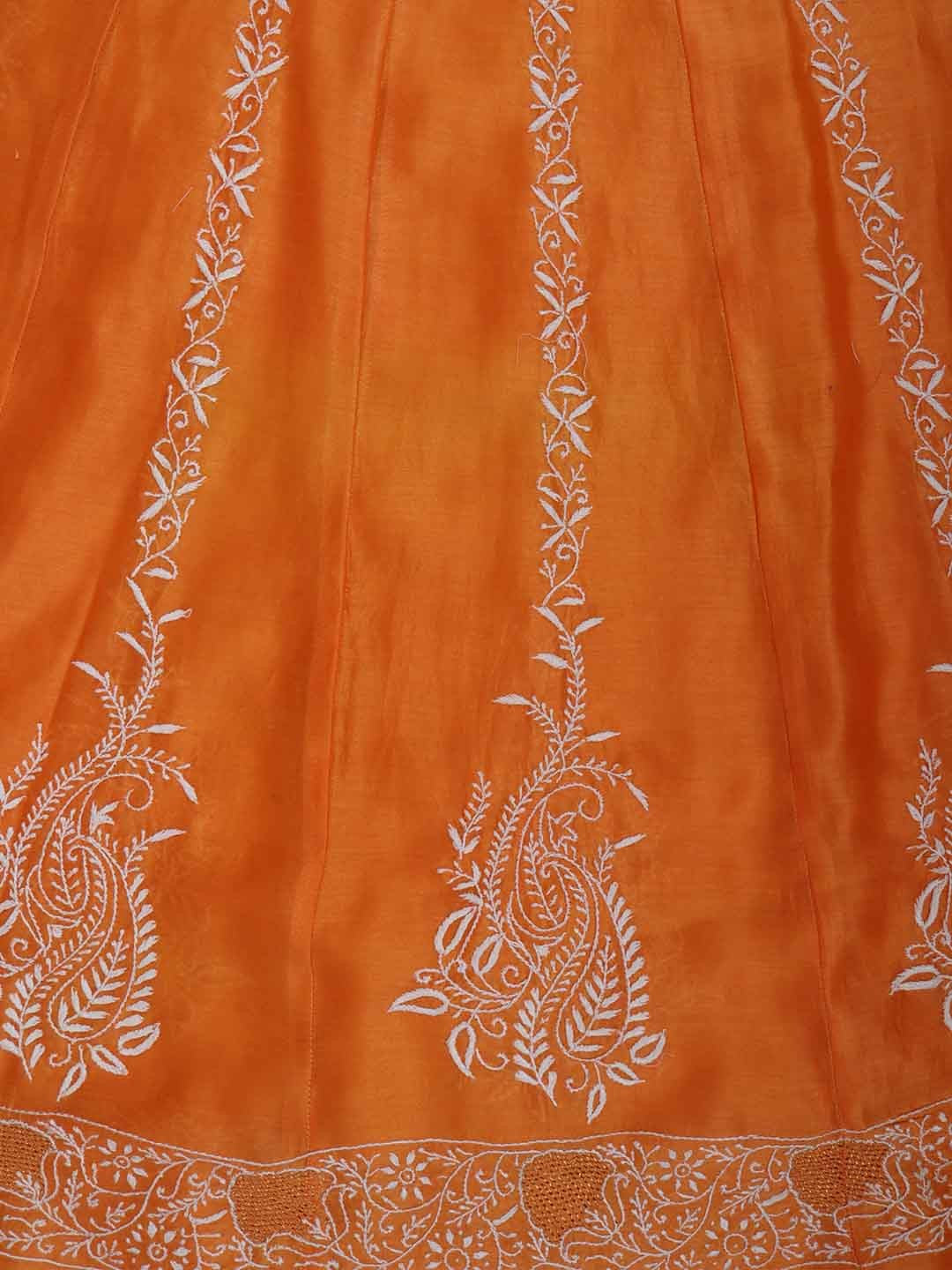 Ada Hand Embroidered Orange Chanderi Lucknowi Chikankari Semi-Stitched Anarkali Kurta Dupatta Set With Zari Work 01A205816