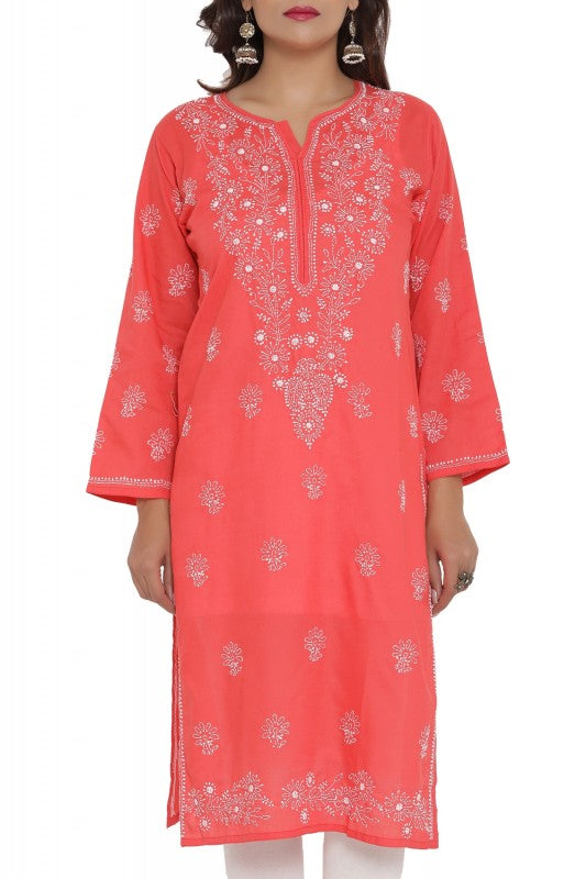 Ada Hand Embroidered Carrot Pink Cotton Lucknowi Chikankari Straight Kurta A196681