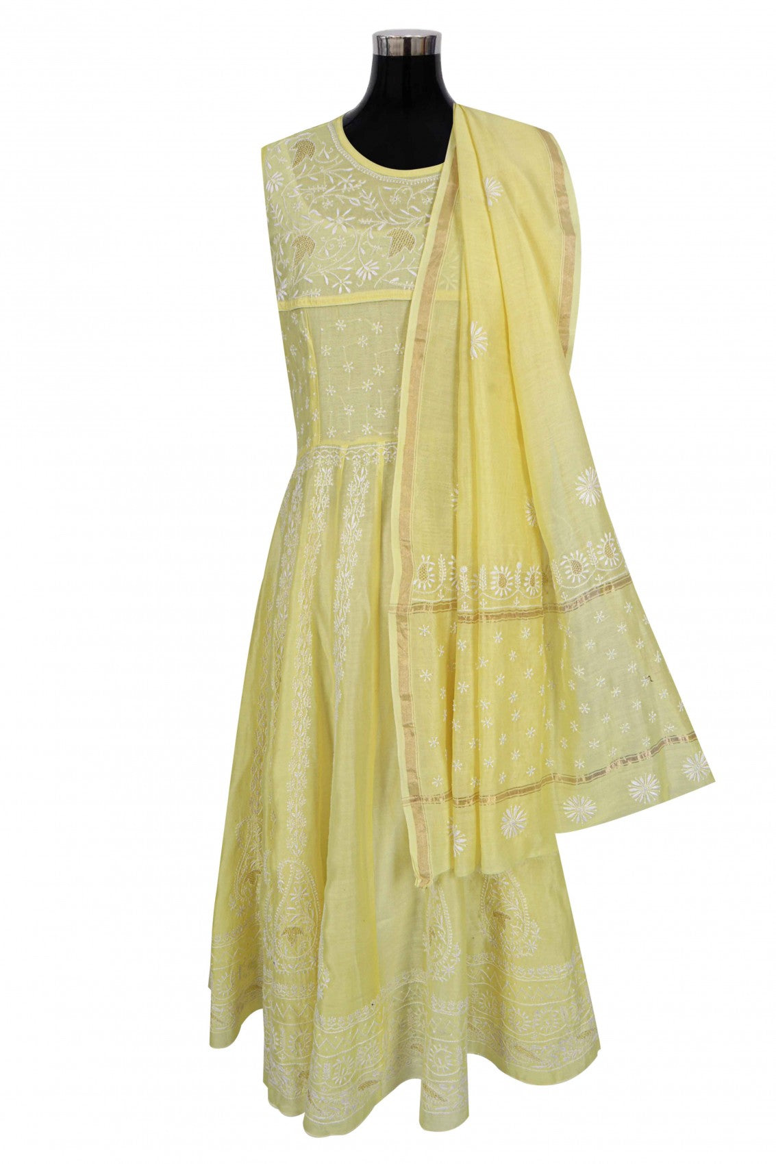 Ada Hand Embroidered Lemon Chanderi Lucknowi Chikankari Semi-Stitched Anarkali Kurta Dupatta Set With Zari Work 01A205829