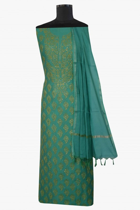 Ada Hand Embroidered Sea Foam Green Chanderi Lucknowi Chikan Unstitched Suit Piece With Muqaish Work–A588563