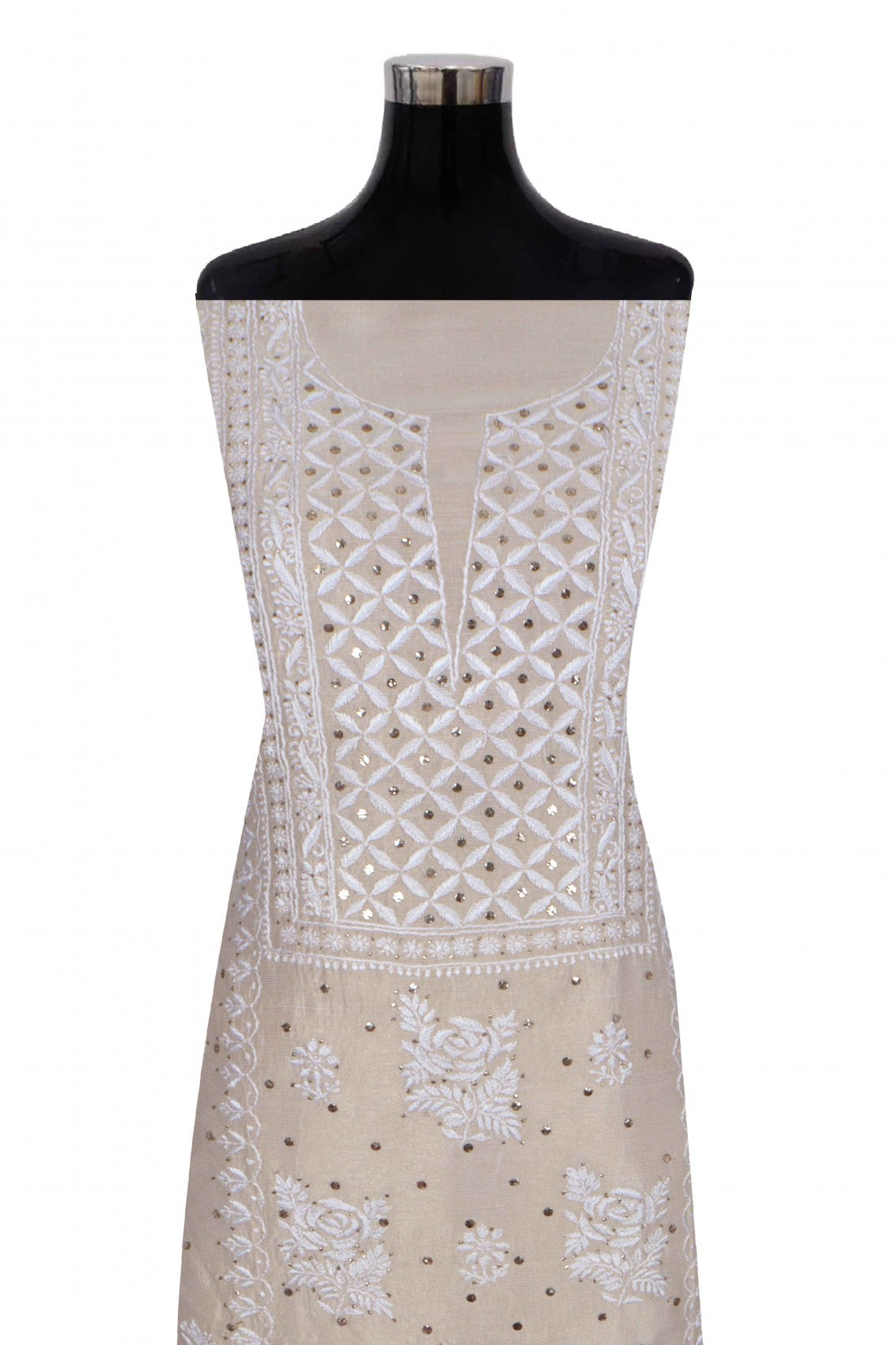 Ada Hand Embroidered Fawn Silk Lucknowi Chikankari Unstitched Kurta Dupatta Set With Muqaish Work 01A243066