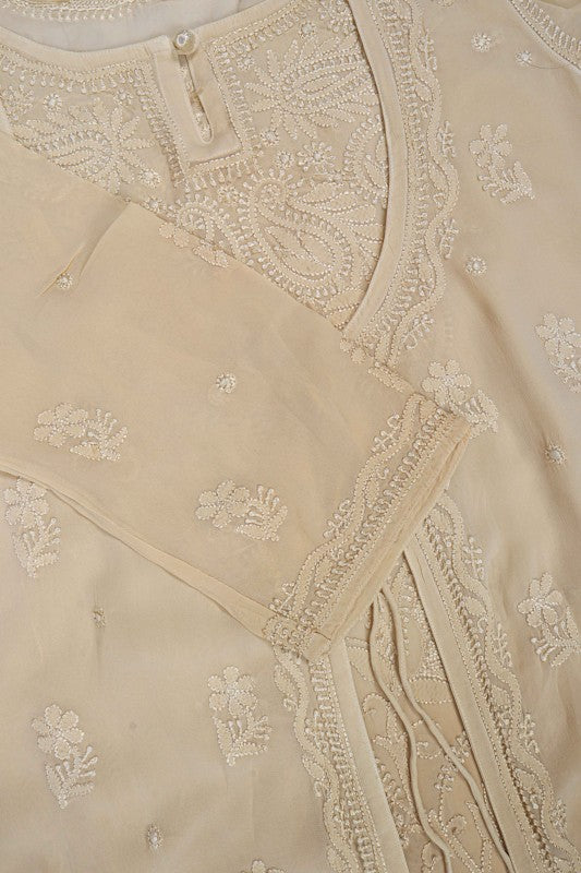 Ada Hand Embroidered Fawn Georgette Lucknowi Chikankari Front Open Kurta A616800
