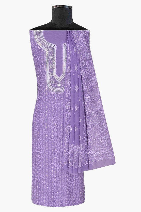 Ada Hand Embroidered Mauve Pure Georgette Lucknowi Chikan Unstitched Kurta Dupatta Set with Pearl & Sequinned Work A623653