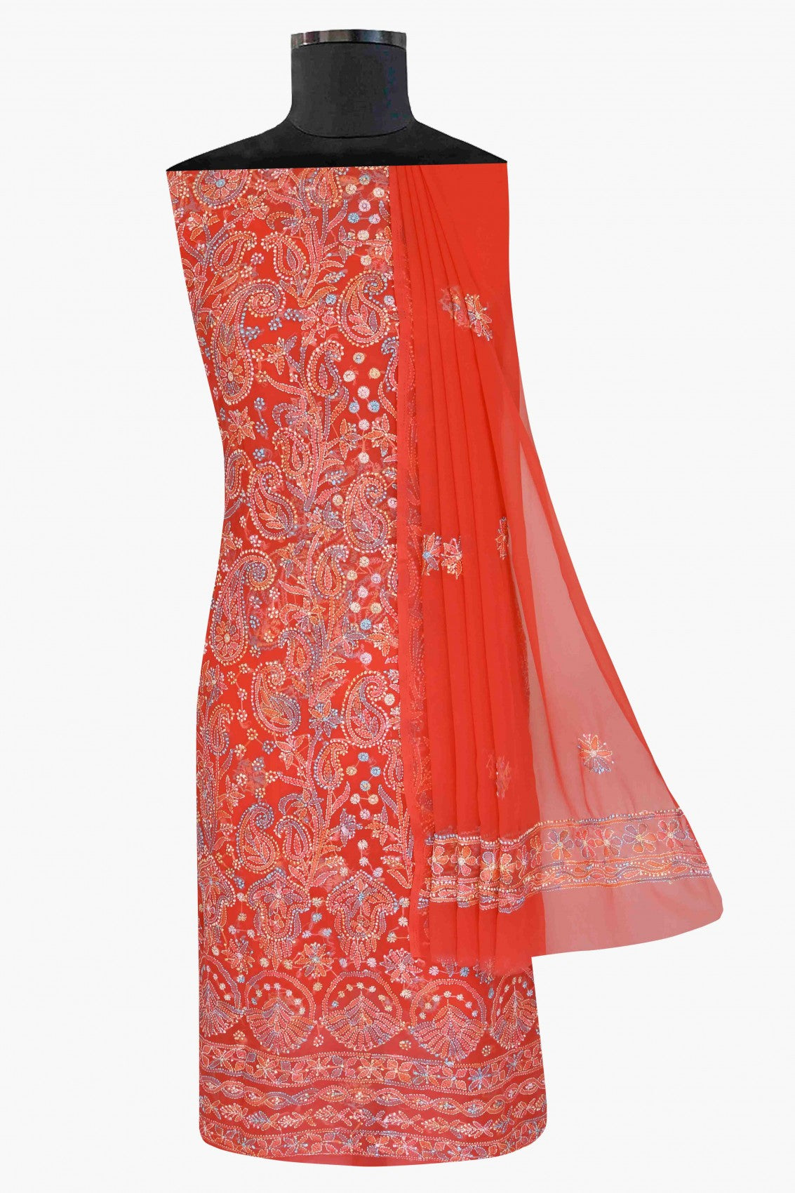 Ada Hand Embroidered Carrot Pink Georgette Lucknowi Chikankari Unstitched Suit Piece A211177