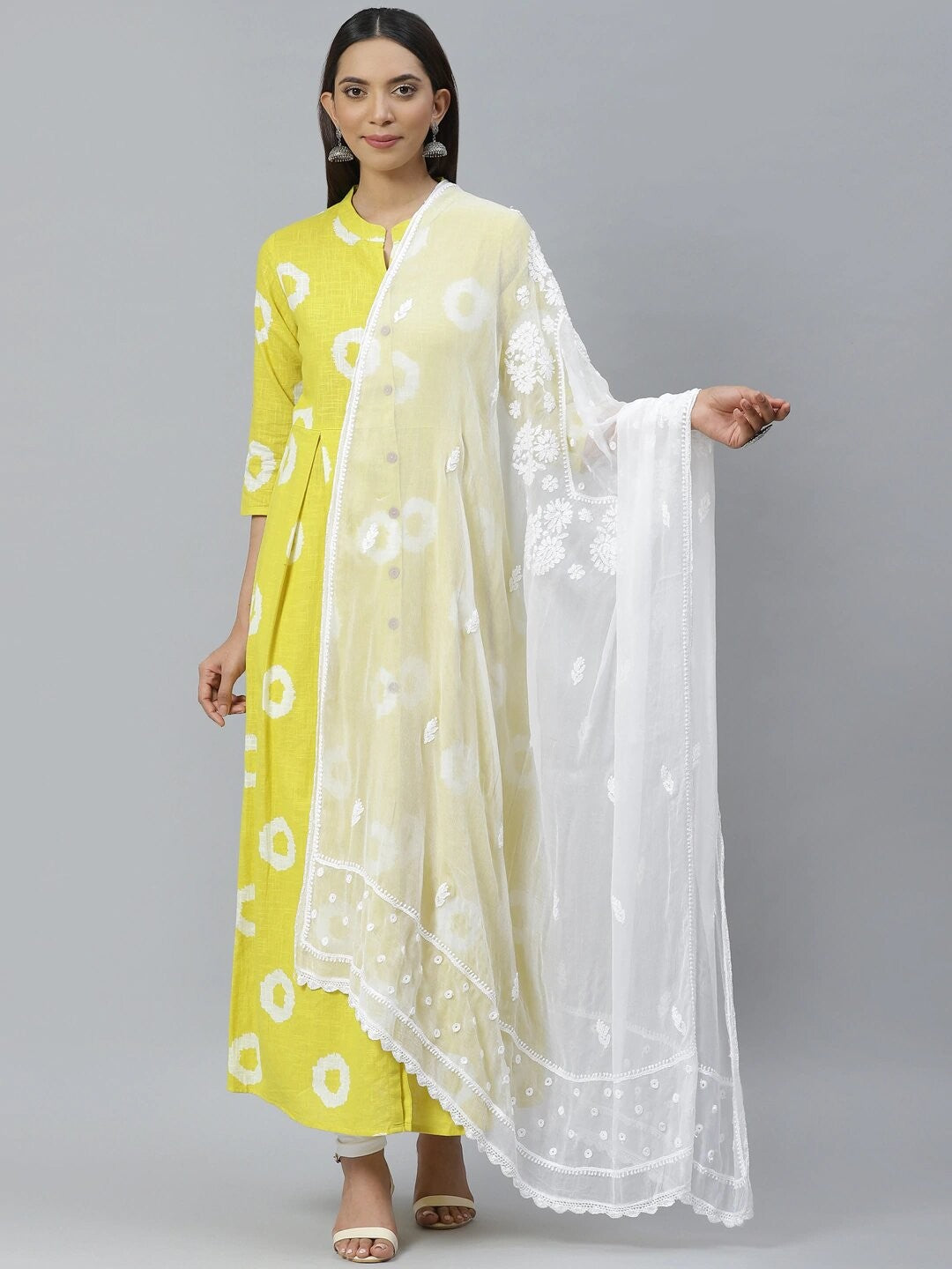Ada Hand Embroidered White Chiffon Lucknowi Chikankari Dupatta– A511121