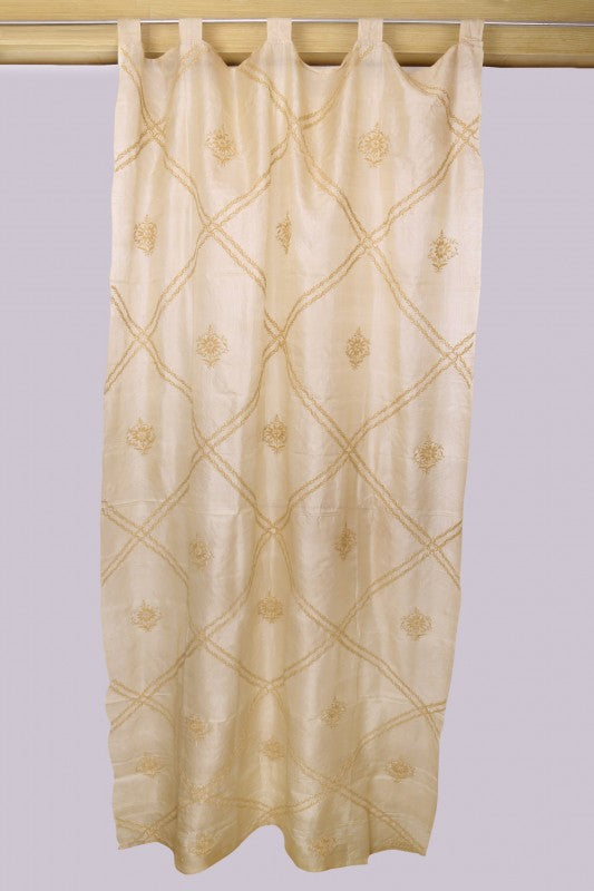 Ada Hand Embroidered Natural Fawn Tussar Silk Lucknowi Chikankari Curtain A478314