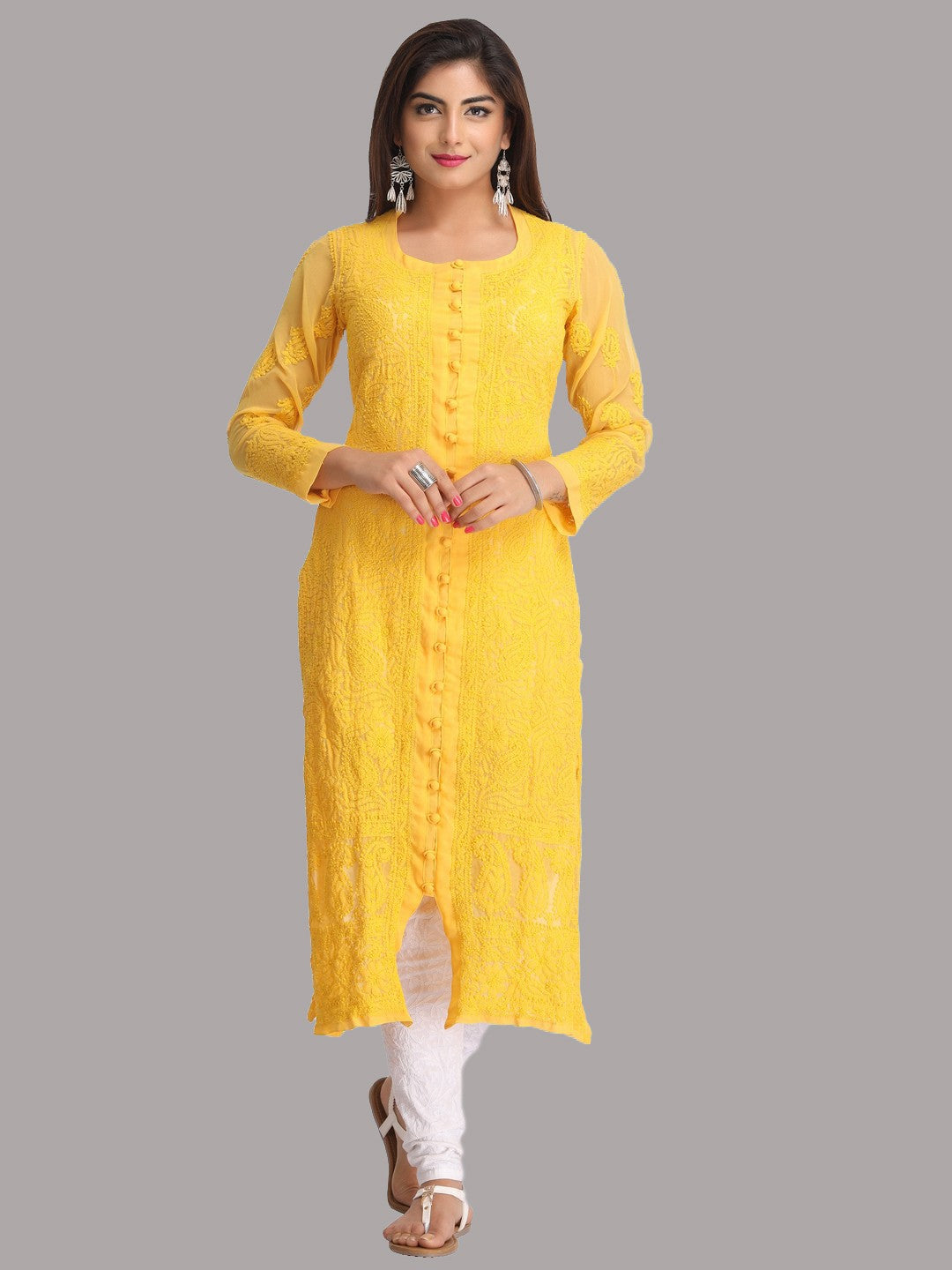 Ada Hand Embroidered Yellow Georgette Lucknowi Chikani Straight Kurta A183650