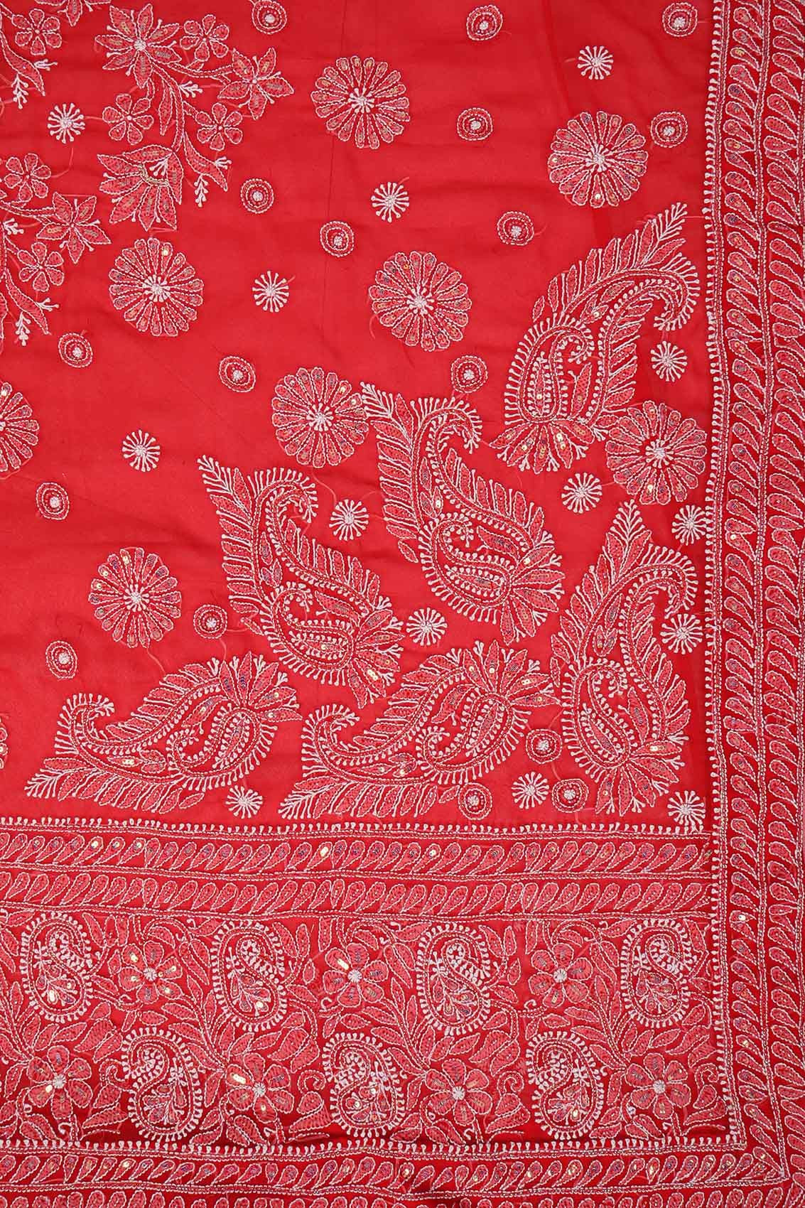 Ada Hand Embroidered Red Georgette Lucknowi Chikankari Saree/Blouse With Sequinned Work 01A137051
