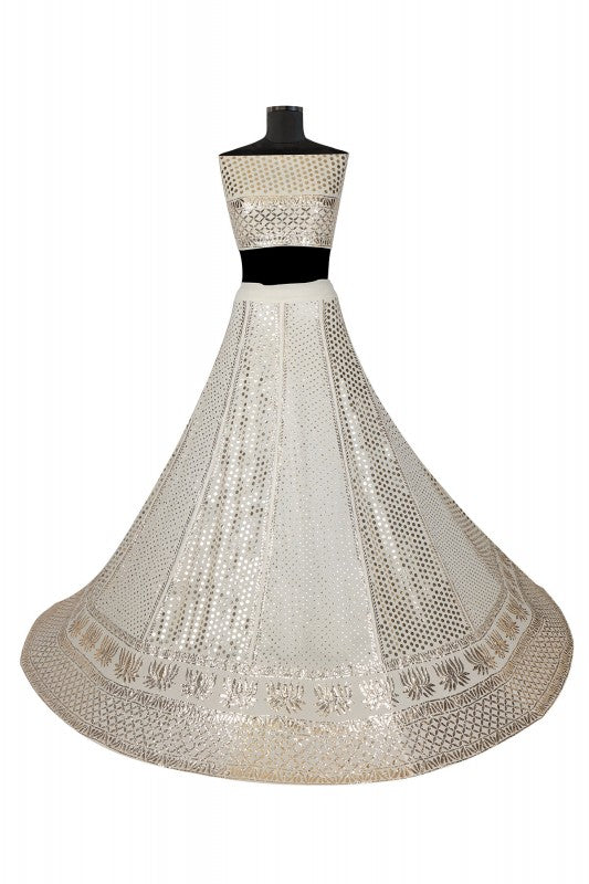 Ada Hand Embroidered White Pure Georgette Lucknowi Chikankari Lehenga Set With Muqaish Work A610115